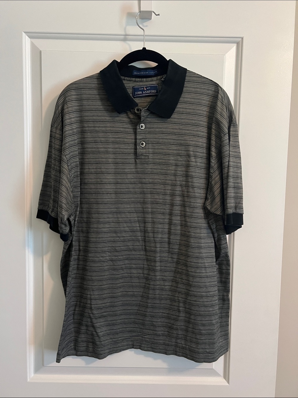 John Ashford Men's Gray Striped Polo with Black Collar